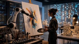Human creator collaborating with a robotic painting arm in an AI creative lab