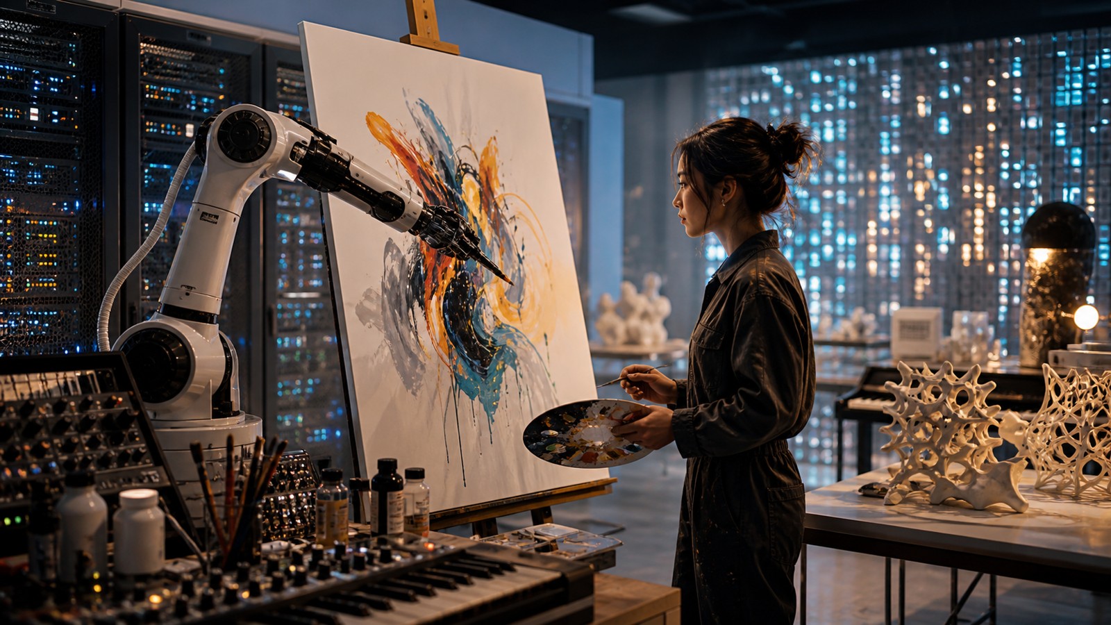 Human creator collaborating with a robotic painting arm in an AI creative lab