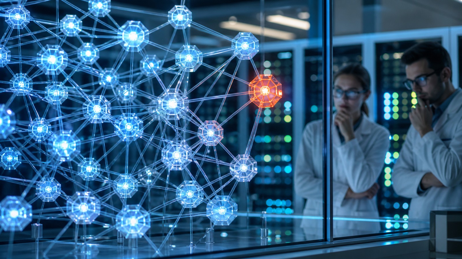 Researchers observing a glowing neural network installation in an AI testing lab