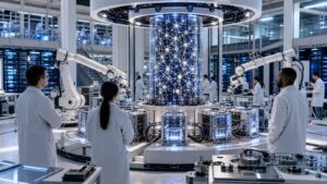 Scientists observing a central AI core with neural hardware and robotic test fixtures