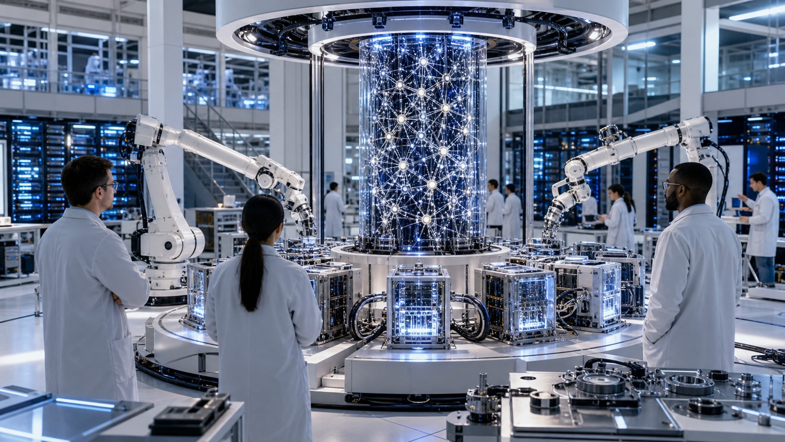 Scientists observing a central AI core with neural hardware and robotic test fixtures